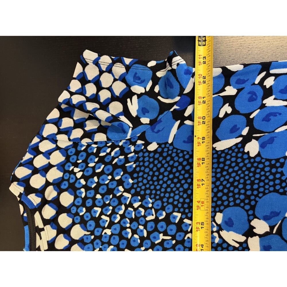 Chico’s Size XL Women’s Blue Black Abstract Dot Print Stretch Top Short Sleeve - Picture 7 of 8